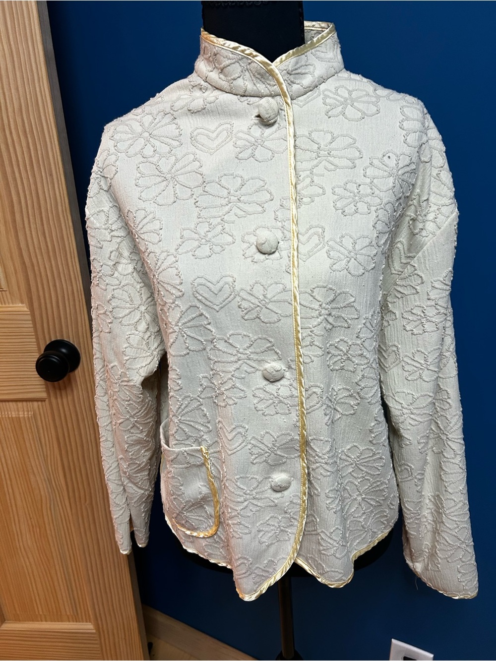 Cream Embroidered Mandarin-Collar Jacket with Gold Piping